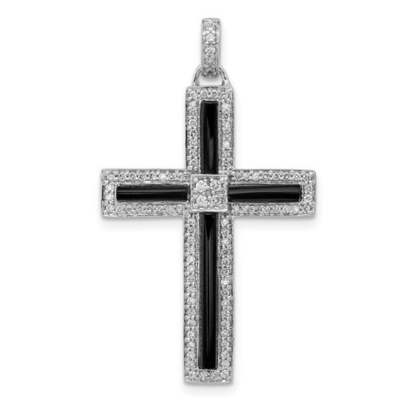 14k White Gold 1/3ct. Diamond and Onyx Cross Pendant - Picture 1 of 4
